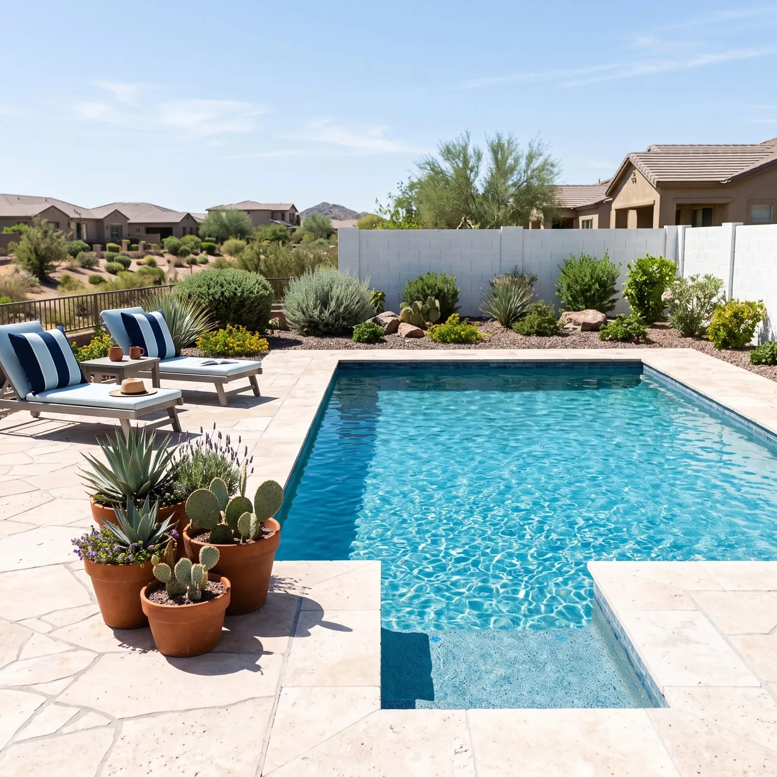 Backyard swimming pool with clear blue water, a stone patio, lounge chairs and potted cacti under a sunny sky