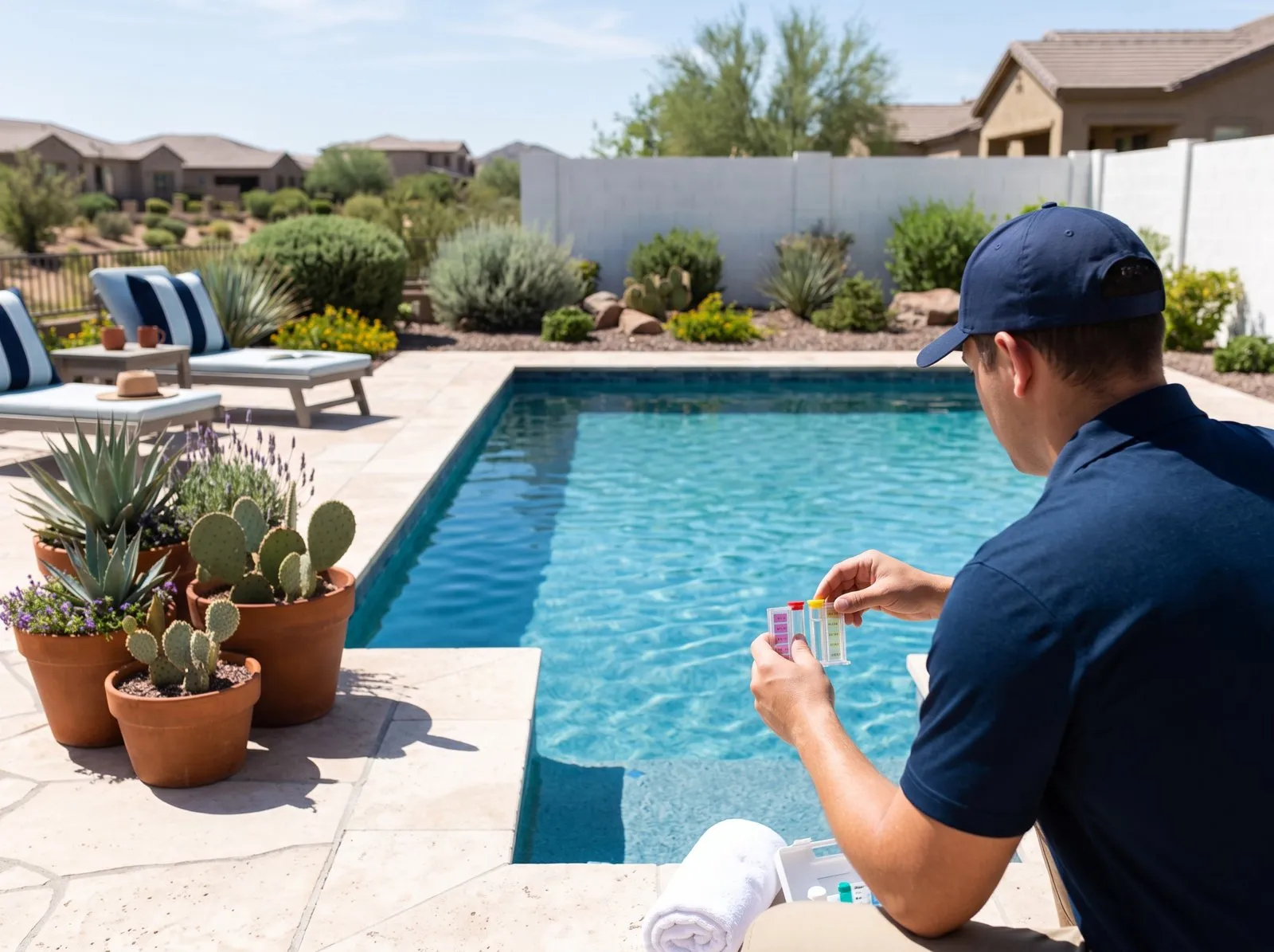 Pool technician in a navy cap and polo shirt testing the pool water with a color test kit